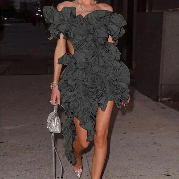 Elegant Ruffle Statement Mini Dress – Off-Shoulder Layered Halter Cocktail Dress - Picture 4 of 13